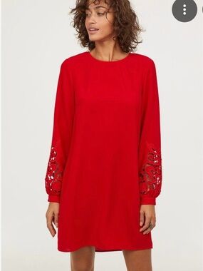 H&M Red Mini Shift Dress with Lace-Cut Sleeve Details
